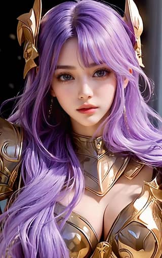 Personagem tem cabelo roxo e armadura dourada.