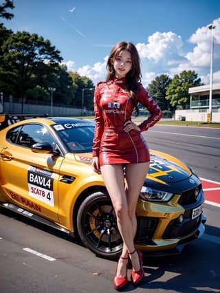 in a red dress posing next to a yellow sports car