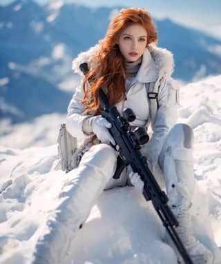 red haired woman with a rifle sitting on the snow