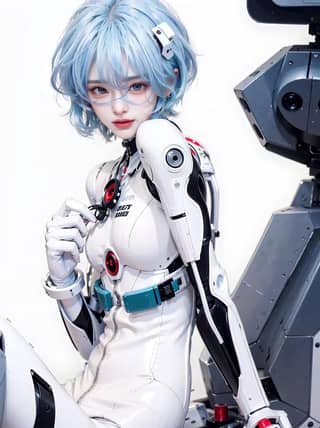 Une fille robot avec des cheveux bleus est assise sur une chaise.