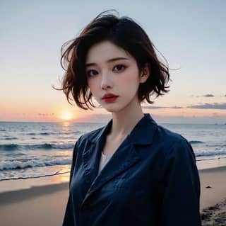 Une personne aux cheveux courts debout sur la plage au coucher du soleil.