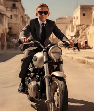 in a suit and sunglasses rides a motorcycle