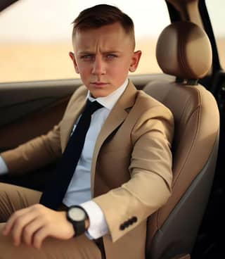 in a suit and tie sitting in a car