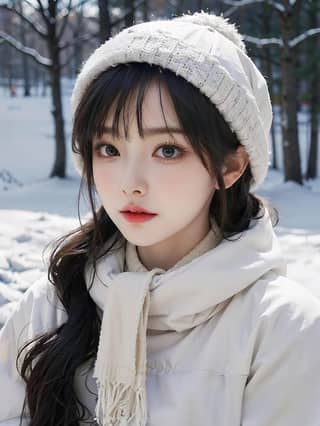 wearing a white winter hat and scarf