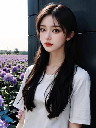 in a white shirt standing in front of a field of purple flowers