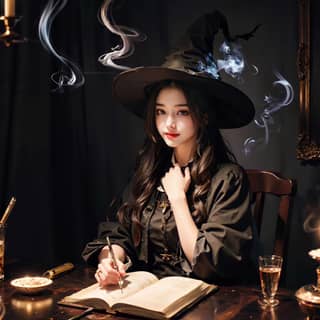 in a witch hat sitting at a table with a book and a candle