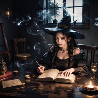 a witch sitting at a table with a book and a candle