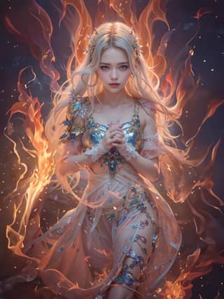 woman in a dress with fire flames