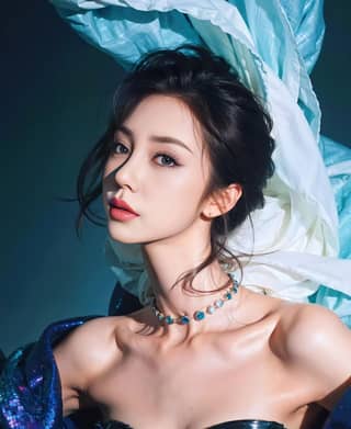 in a blue dress posing with a blue dress