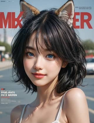 with blue eyes and a fox ears on the cover of a magazine