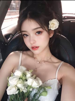 in a car with flowers and a flower