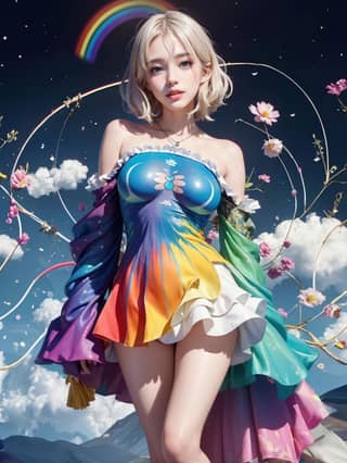 in a colorful dress standing on a hill with a rainbow