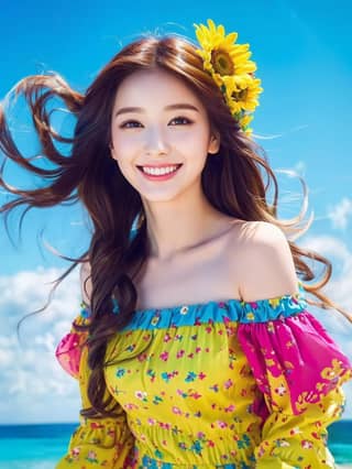 in a colorful dress with sunflower in her hair