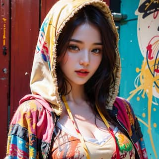 in a colorful hoodie and jacket