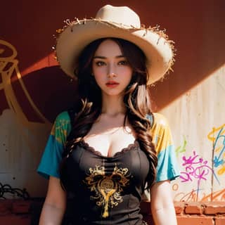 in a cowboy hat and a black top