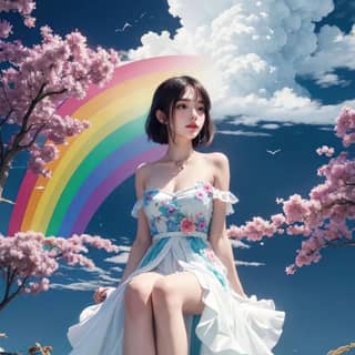 in a dress sitting on a bench with a rainbow in the background