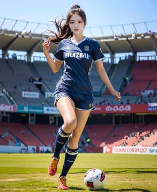 a girl in a blue uniform kicking a soccer ball