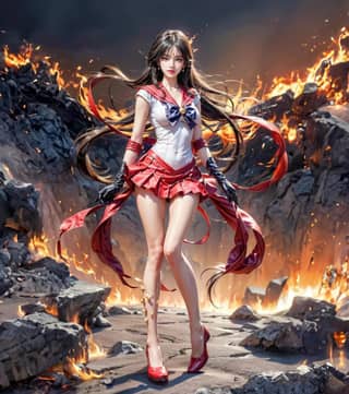 a girl in a red dress standing in front of a fire