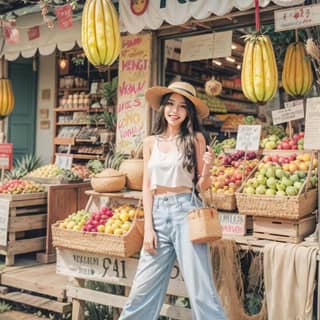 in a hat and wide pants standing in front of a fruit stand