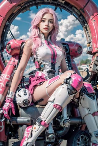 with pink hair sitting on a motorcycle