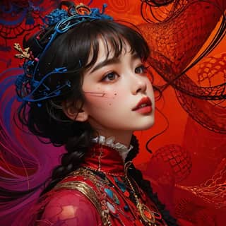 in red and black with a dragon headdress
