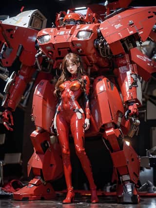 in red body suit standing next to a giant robot