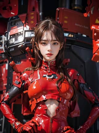 personne portant du latex rouge se tenant à côté d'un grand robot