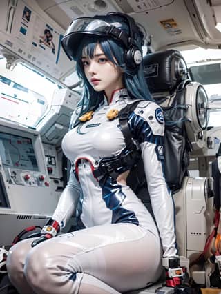 Em um traje espacial sentado em um cockpit.