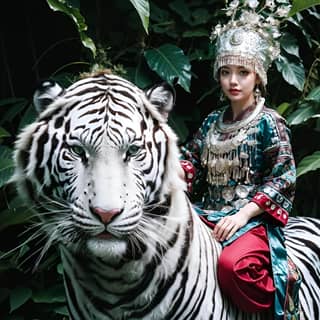 Une personne en costume traditionnel chevauchant un tigre blanc.