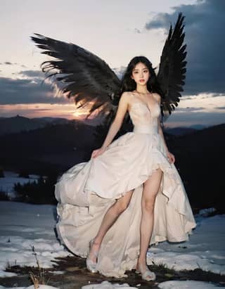 in a white dress with black wings