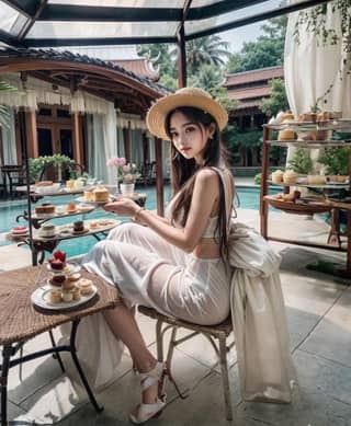 in a white dress sitting at a table with a cup of tea