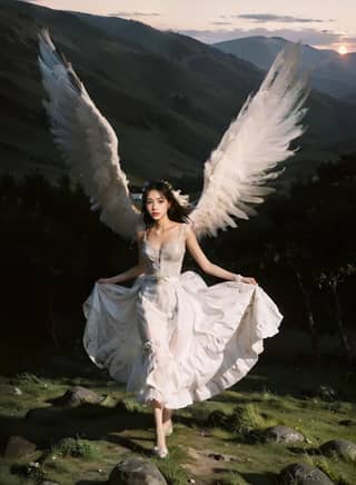 in a white dress with wings flying over a hill