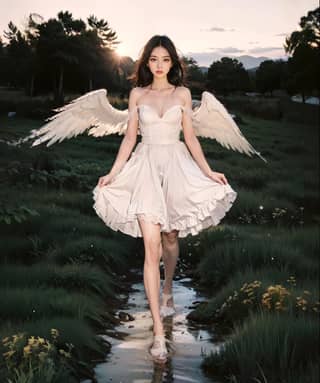 in a white dress with wings walking through a stream