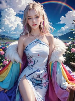 woman in a colorful dress sitting on a bench