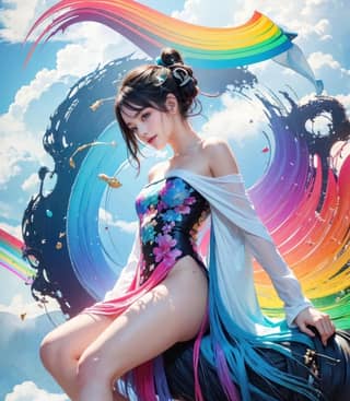 woman in a colorful dress sitting on a rock