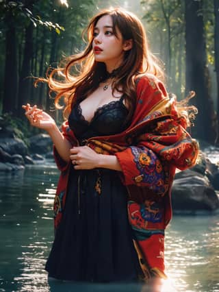 woman in a forest wearing a colorful shawl