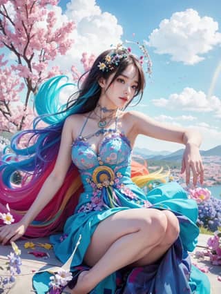 woman with long hair and colorful hair sitting on a rock