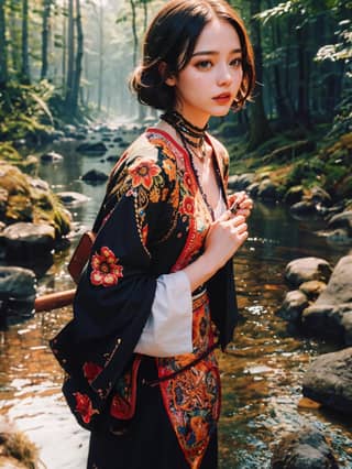 woman in a traditional kimono standing in a stream