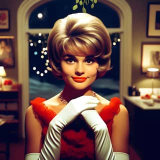 a blonde woman in a red dress and white gloves