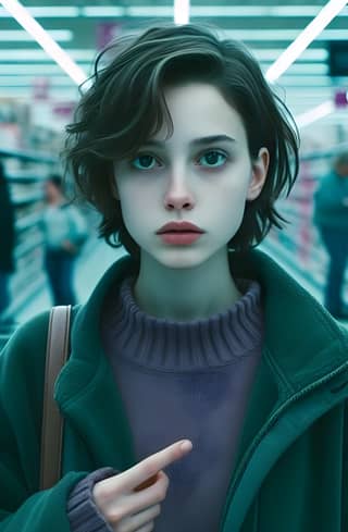 a girl in a green jacket pointing at something
