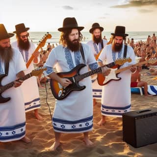 Eine Gruppe Männer in traditioneller jüdischer Kleidung spielt Gitarre am Strand.