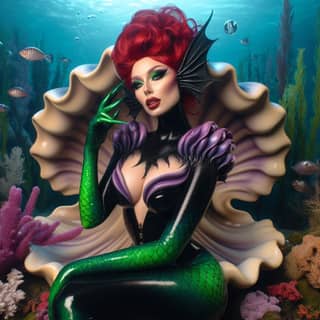 a mermaid in a shell with red hair and black makeup