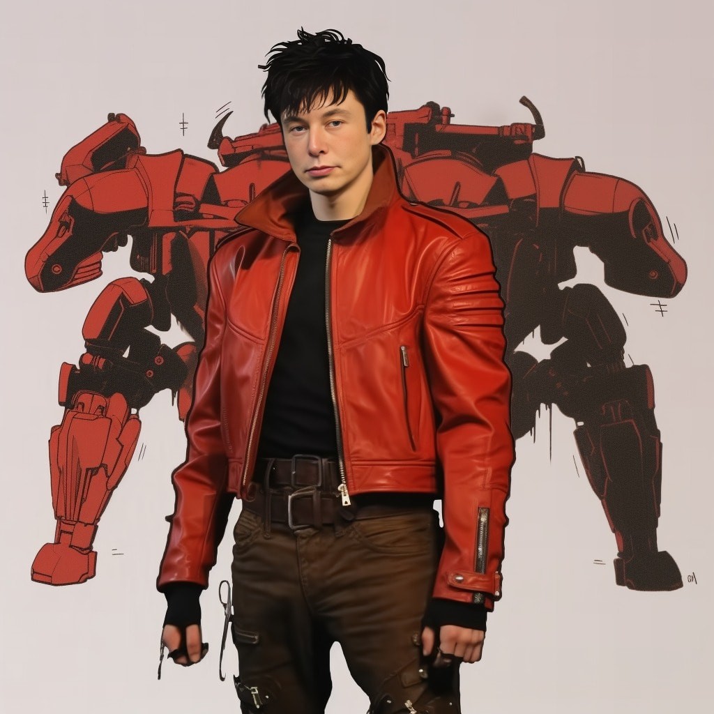 in a red leather jacket standing in front of a giant robot