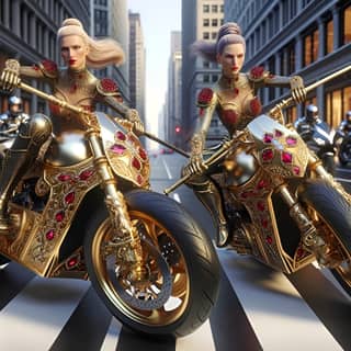 two women on motorcycles with gold and diamonds