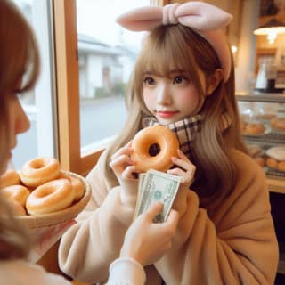 Une fille tenant un beignet et une autre fille portant un chapeau avec des oreilles de lapin.