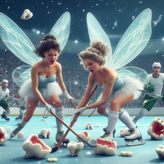 two fairy girls playing ice hockey with tooth fairy