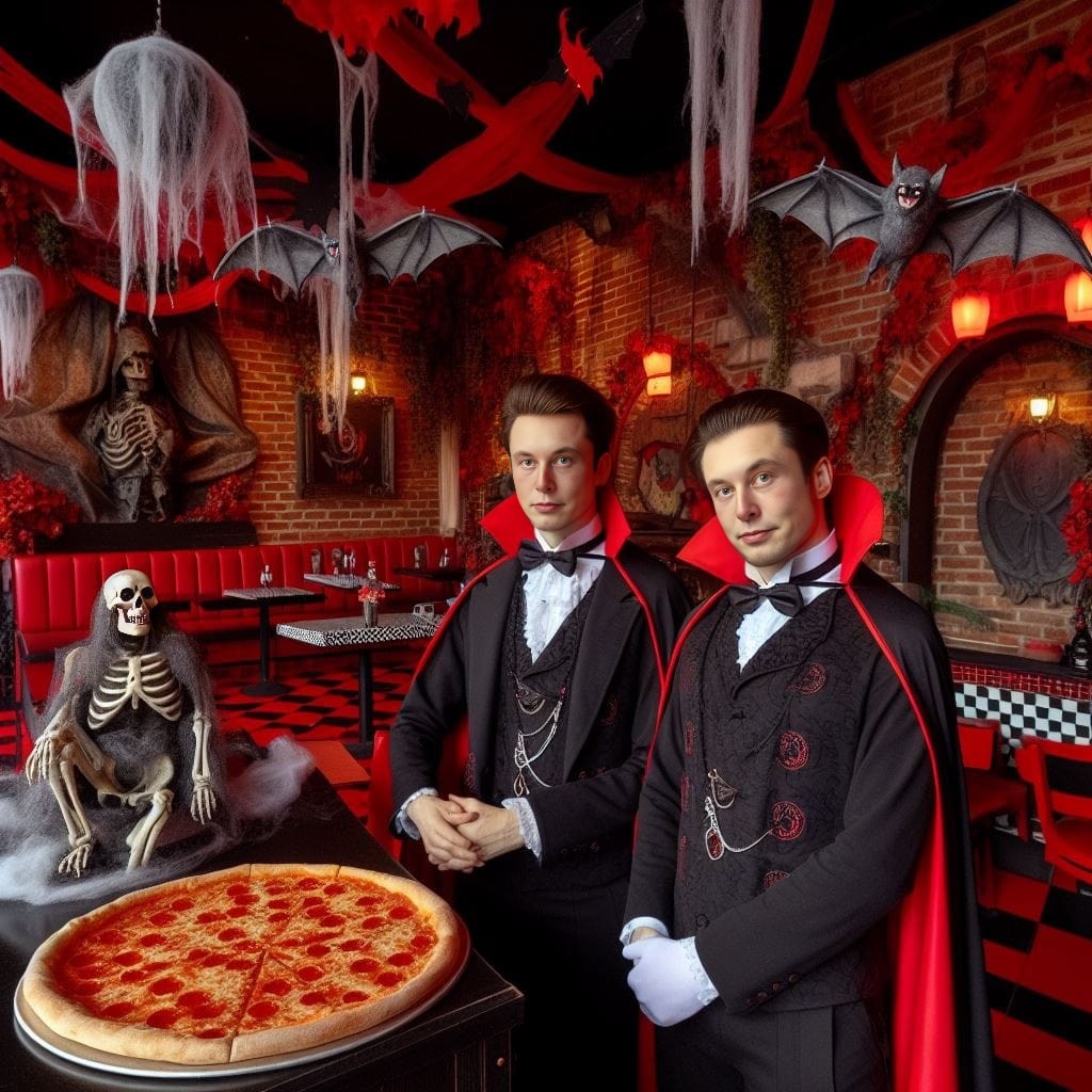 two men in vampire costumes standing in front of a pizza