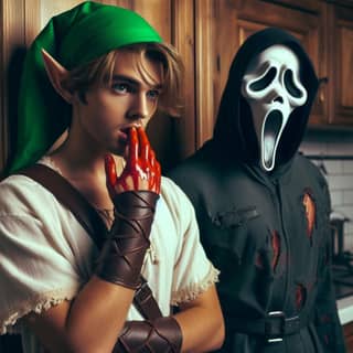 two people dressed as scarecrow and link