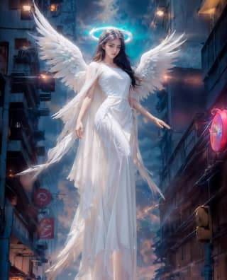 an angel in white dress flying over a city street