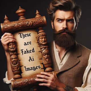 a bearded man holding a sign that says these are fake at images